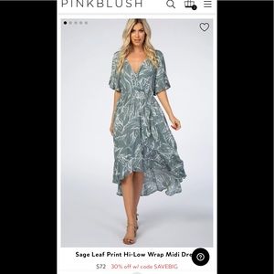 Sage Leaf Print Hi-Low Wrap Midi Dress